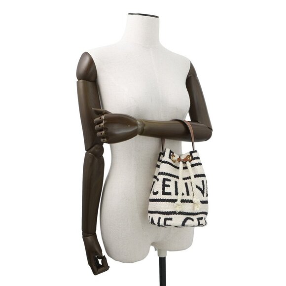 CELINE Teen Drawstring Handbag Cotton/Calf Leather Brown/White/Black 196532E - Picture 3 of 11